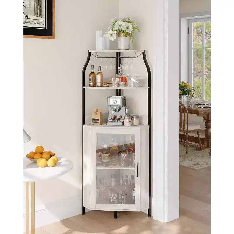 Garvee 4-Tier Corner Bar Cabinet, Freestanding Wine & Liquor Cabinet with Glass Door, Adjustable Shelf, Space-Saving Home Bar Storage
