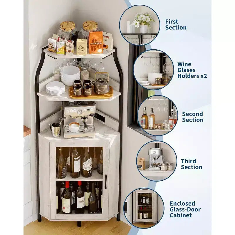 Garvee 4-Tier Corner Bar Cabinet, Freestanding Wine & Liquor Cabinet with Glass Door, Adjustable Shelf, Space-Saving Home Bar Storage