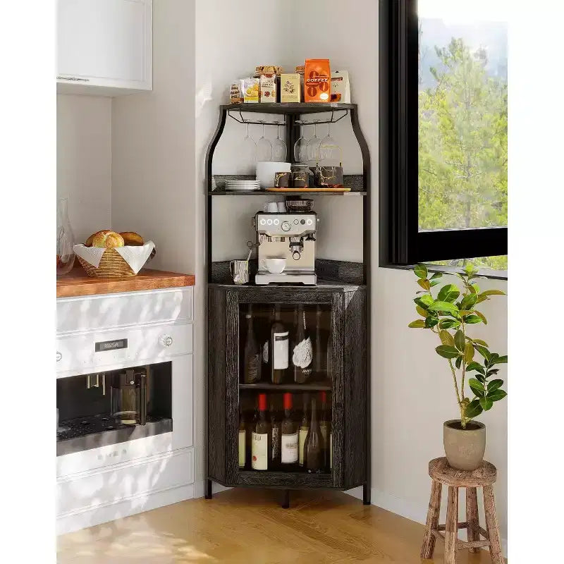 Garvee 4-Tier Corner Bar Cabinet, Freestanding Wine & Liquor Cabinet with Glass Door, Adjustable Shelf, Space-Saving Home Bar Storage
