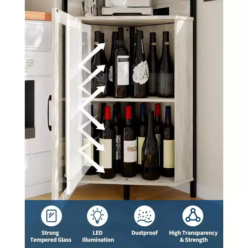 Garvee 4-Tier Corner Bar Cabinet, Freestanding Wine & Liquor Cabinet with Glass Door, Adjustable Shelf, Space-Saving Home Bar Storage