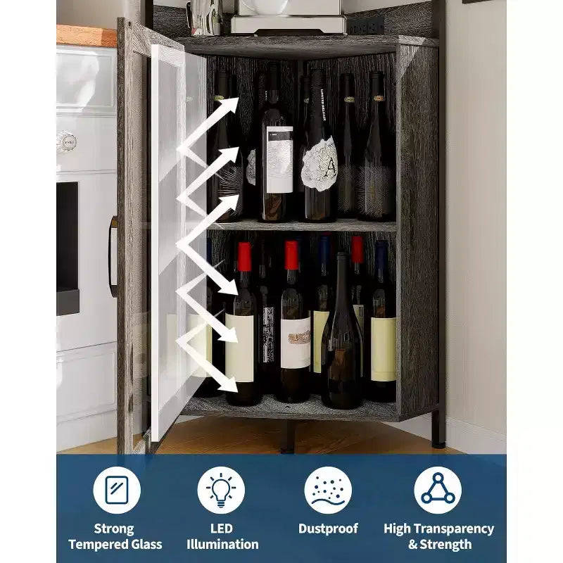 Garvee 4-Tier Corner Bar Cabinet, Freestanding Wine & Liquor Cabinet with Glass Door, Adjustable Shelf, Space-Saving Home Bar Storage