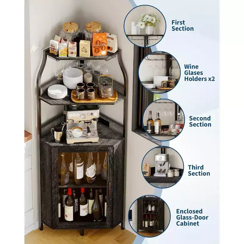 Garvee 4-Tier Corner Bar Cabinet, Freestanding Wine & Liquor Cabinet with Glass Door, Adjustable Shelf, Space-Saving Home Bar Storage