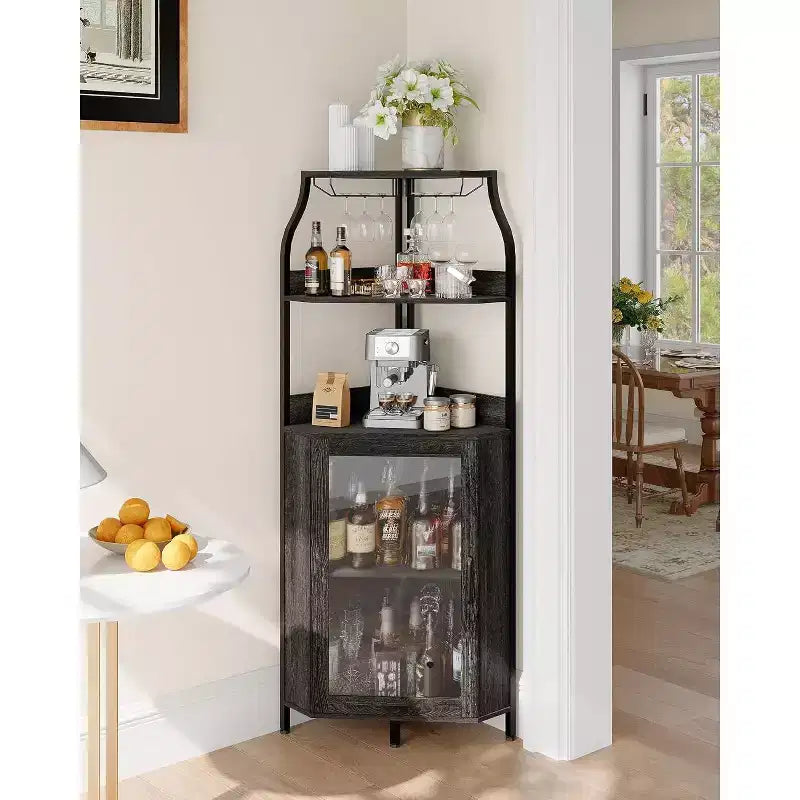 Garvee 4-Tier Corner Bar Cabinet, Freestanding Wine & Liquor Cabinet with Glass Door, Adjustable Shelf, Space-Saving Home Bar Storage