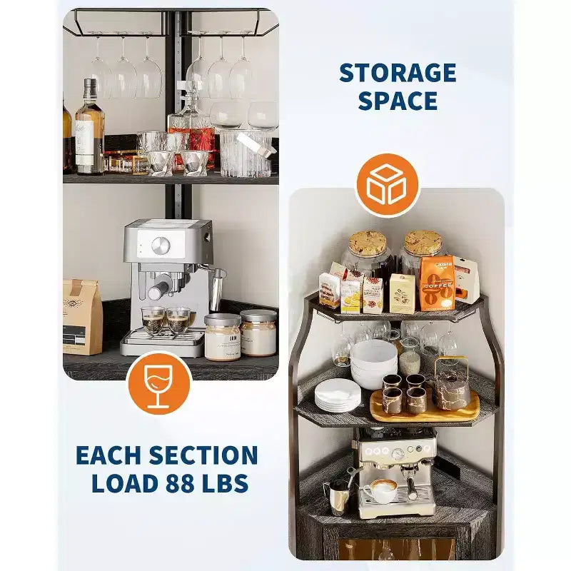 Garvee 4-Tier Corner Bar Cabinet, Freestanding Wine & Liquor Cabinet with Glass Door, Adjustable Shelf, Space-Saving Home Bar Storage