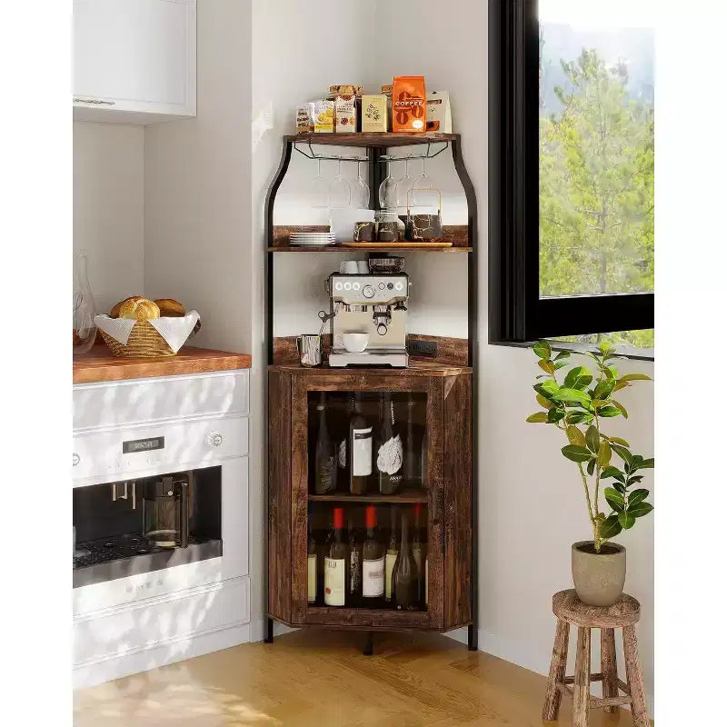 Garvee 4-Tier Corner Bar Cabinet, Freestanding Wine & Liquor Cabinet with Glass Door, Adjustable Shelf, Space-Saving Home Bar Storage
