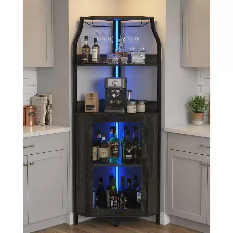 Garvee 4-Tier Corner Bar Cabinet, Freestanding Wine & Liquor Cabinet with Glass Door, Adjustable Shelf, Space-Saving Home Bar Storage