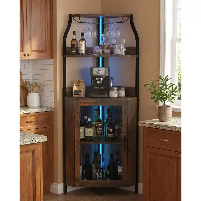 Garvee 4-Tier Corner Bar Cabinet, Freestanding Wine & Liquor Cabinet with Glass Door, Adjustable Shelf, Space-Saving Home Bar Storage