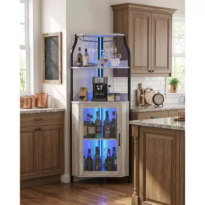 Garvee 4-Tier Corner Bar Cabinet, Freestanding Wine & Liquor Cabinet with Glass Door, Adjustable Shelf, Space-Saving Home Bar Storage