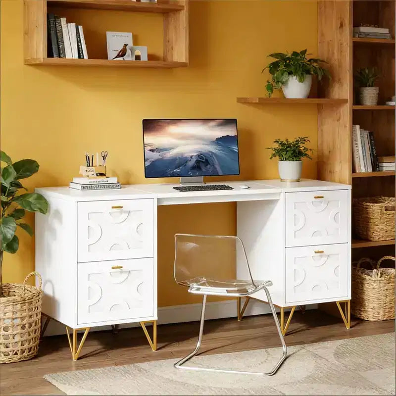 TUYOHW 59 Wooden Office Desk,Computer Desk with 4 File Drawers,White and Gold Executive Desk,Modern Writing Table for Home Office,Bedroom,Living Room