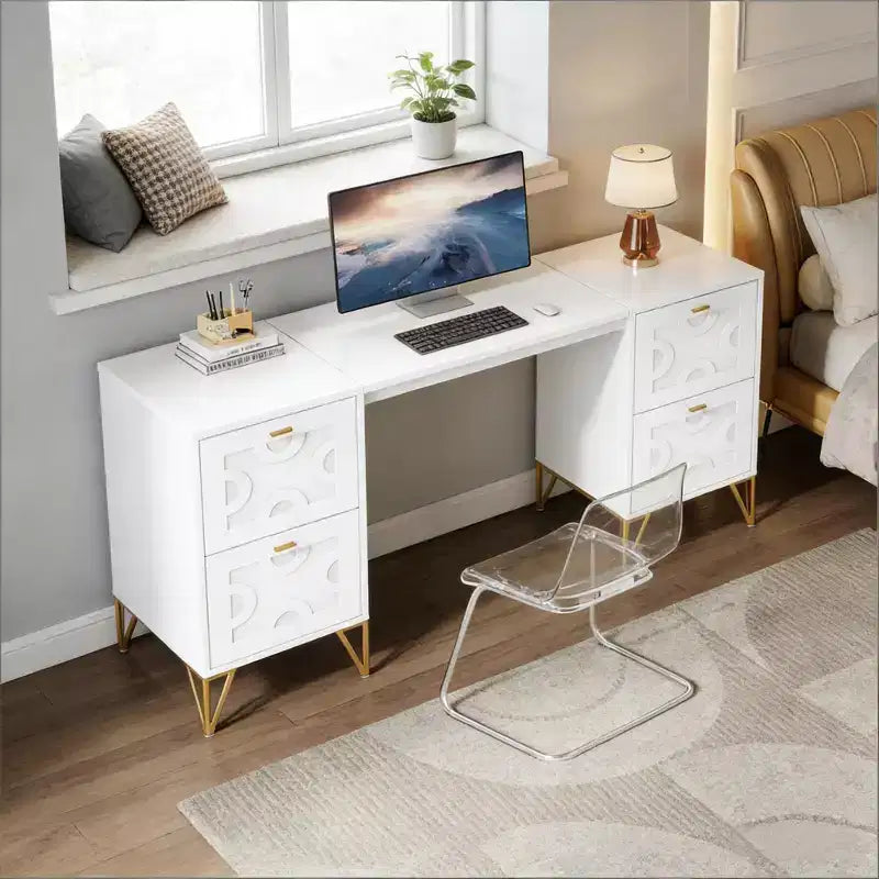 TUYOHW 59 Wooden Office Desk,Computer Desk with 4 File Drawers,White and Gold Executive Desk,Modern Writing Table for Home Office,Bedroom,Living Room