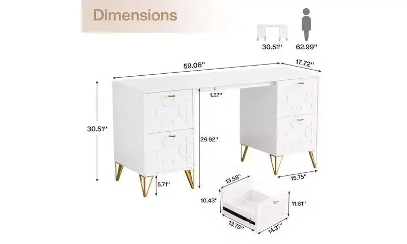 TUYOHW 59 Wooden Office Desk,Computer Desk with 4 File Drawers,White and Gold Executive Desk,Modern Writing Table for Home Office,Bedroom,Living Room