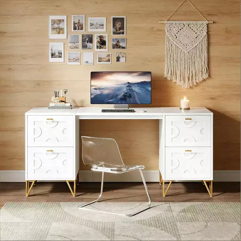 TUYOHW 59 Wooden Office Desk,Computer Desk with 4 File Drawers,White and Gold Executive Desk,Modern Writing Table for Home Office,Bedroom,Living Room