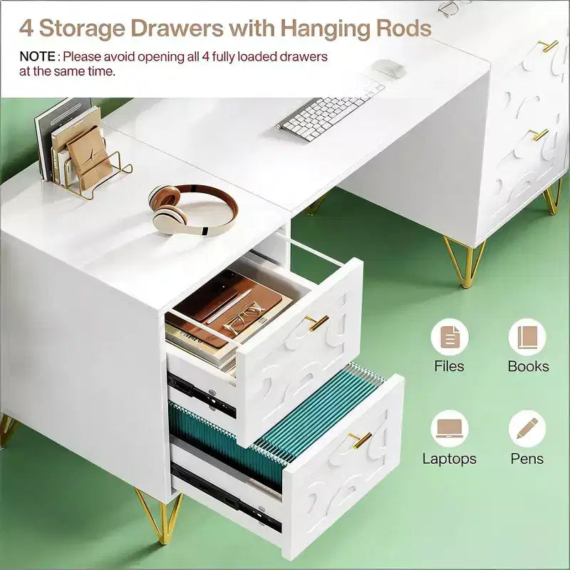 TUYOHW 59 Wooden Office Desk,Computer Desk with 4 File Drawers,White and Gold Executive Desk,Modern Writing Table for Home Office,Bedroom,Living Room