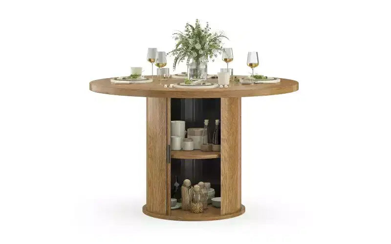 TUYOHW 43 Round Dining Table for 4 with Storage,Small Wood Kitchen Table with Metal Base,Compact Table for Dining Room,Living Room,Apartment