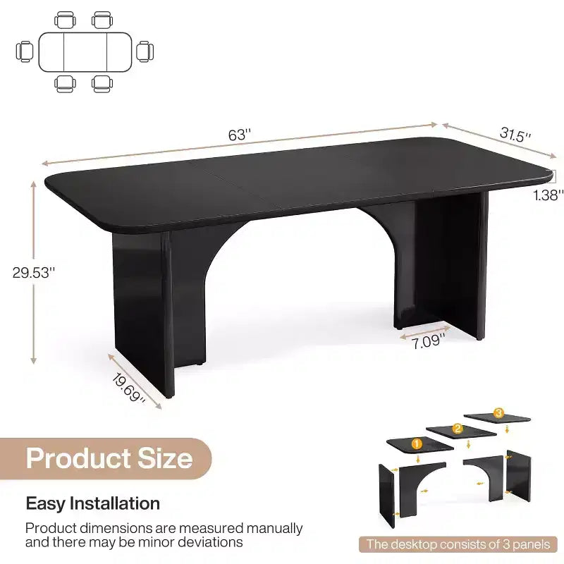 Lantine 63-Inch Modern Black Dining Table for 4-6 People, Large Rectangle Kitchen Table with Arch Design Legs for Dining Room and Kitchen