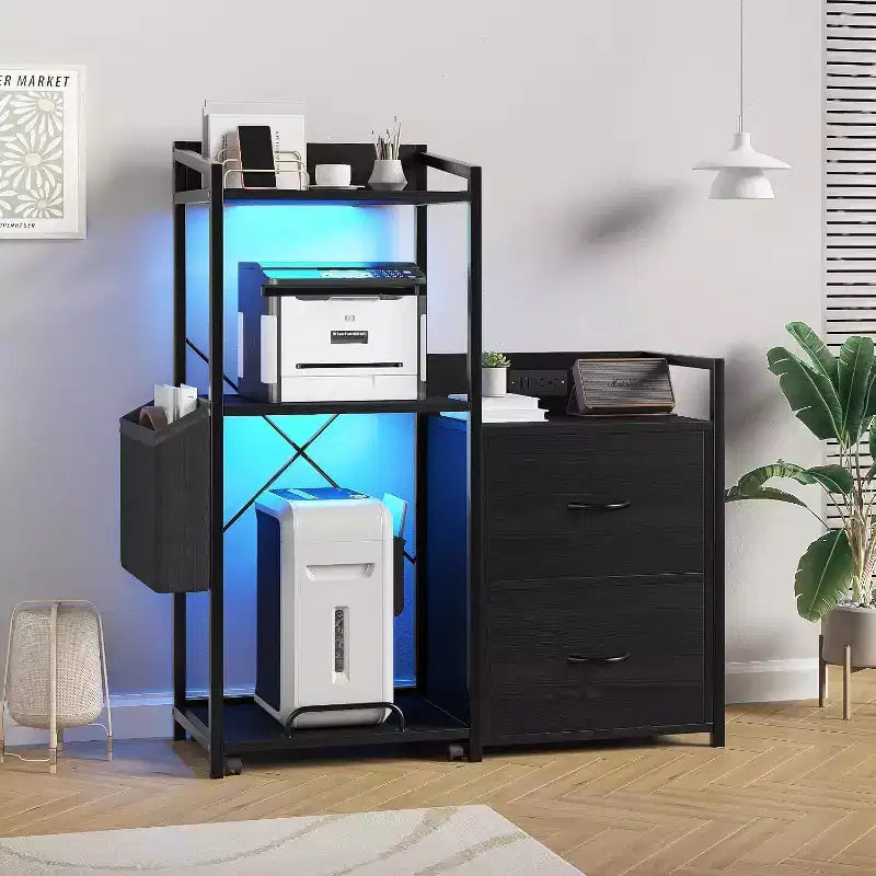 2 Drawer File Cabinet for Letter, Legal & a4 Sizes - Printer Cabinet with Power Strip for Home Office - Filing Cabinet with Shredder Storage