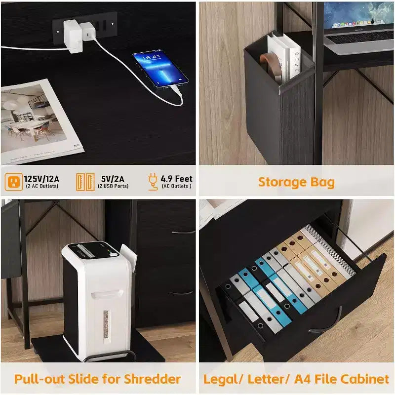 2 Drawer File Cabinet for Letter, Legal & a4 Sizes - Printer Cabinet with Power Strip for Home Office - Filing Cabinet with Shredder Storage