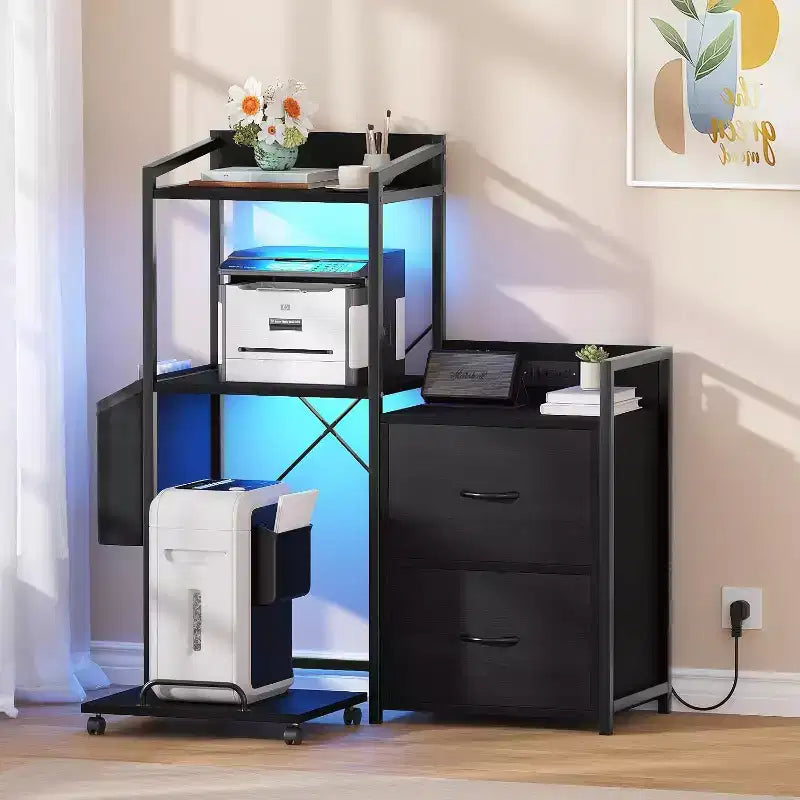 2 Drawer File Cabinet for Letter, Legal & a4 Sizes - Printer Cabinet with Power Strip for Home Office - Filing Cabinet with Shredder Storage
