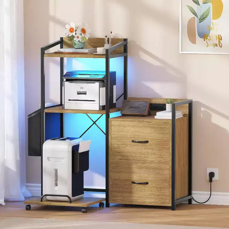 2 Drawer File Cabinet for Letter, Legal & a4 Sizes - Printer Cabinet with Power Strip for Home Office - Filing Cabinet with Shredder Storage
