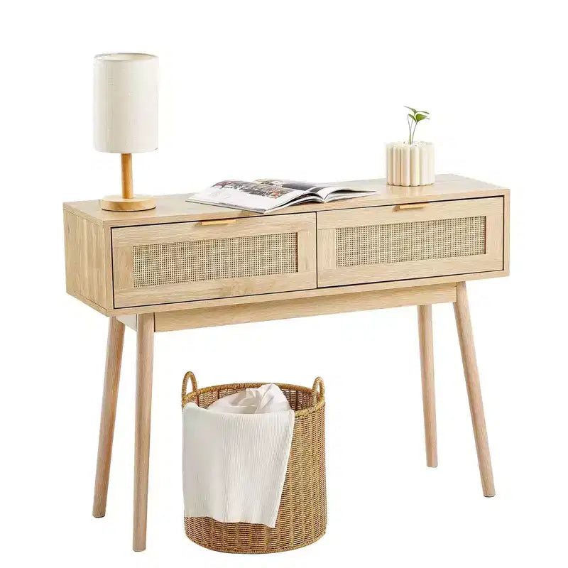 Rattan Console Table with 2 Drawers & Sliding Door, Natural Rattan Entryway Sofa Table for Living Room, Hallway or TV Wall