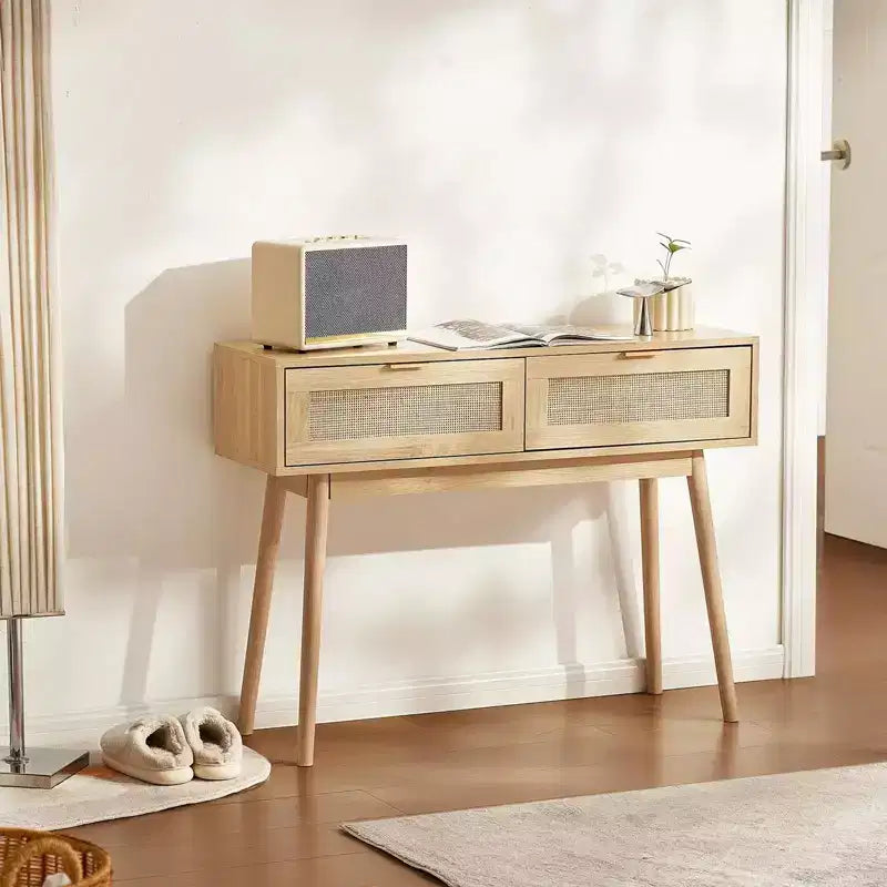 Rattan Console Table with 2 Drawers & Sliding Door, Natural Rattan Entryway Sofa Table for Living Room, Hallway or TV Wall