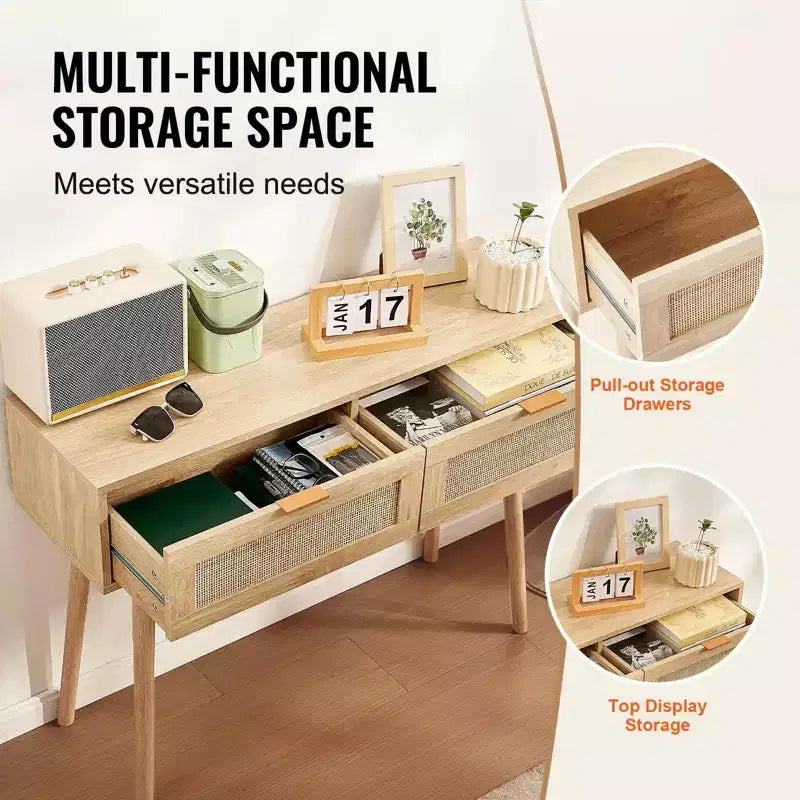 Rattan Console Table with 2 Drawers & Sliding Door, Natural Rattan Entryway Sofa Table for Living Room, Hallway or TV Wall
