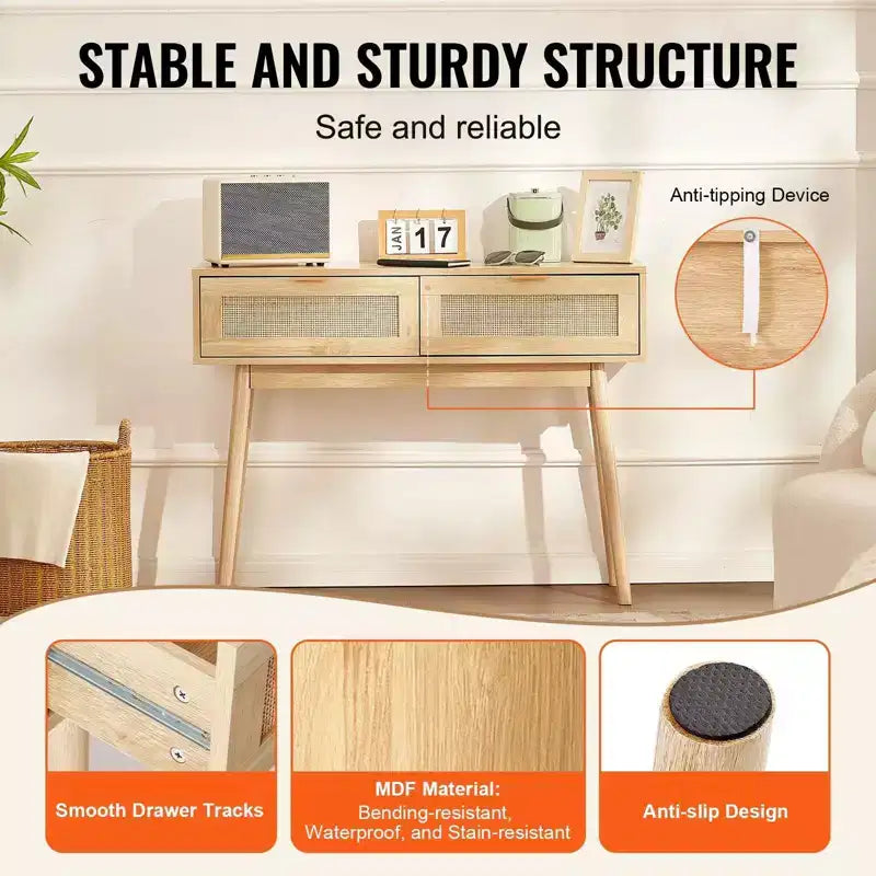 Rattan Console Table with 2 Drawers & Sliding Door, Natural Rattan Entryway Sofa Table for Living Room, Hallway or TV Wall