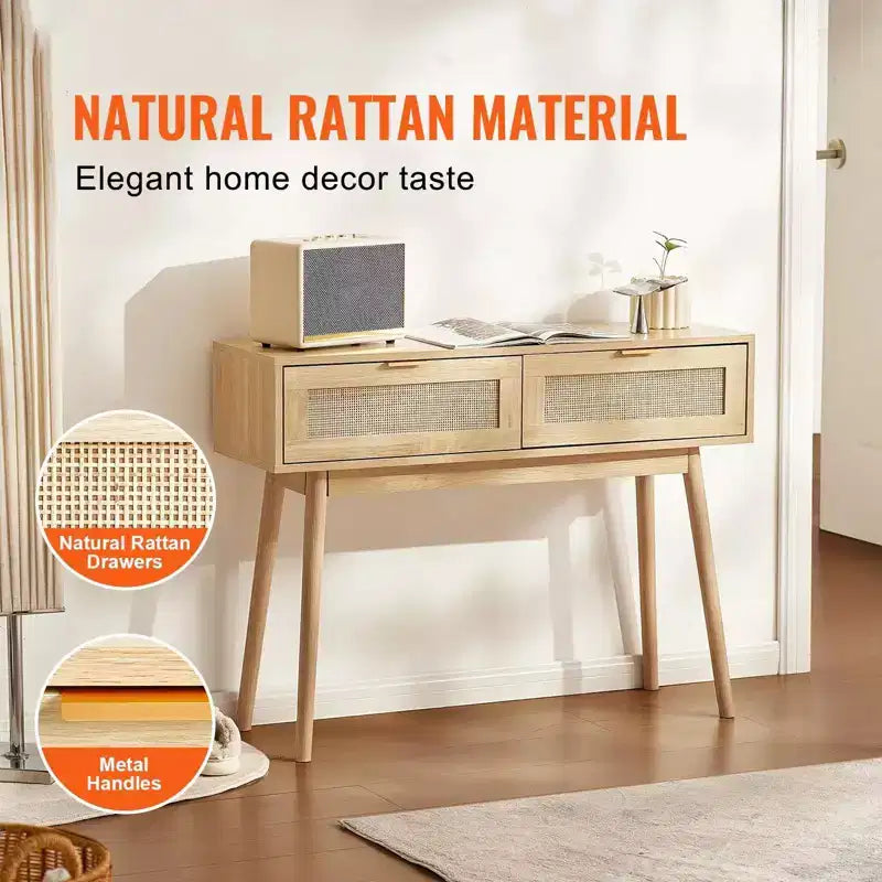 Rattan Console Table with 2 Drawers & Sliding Door, Natural Rattan Entryway Sofa Table for Living Room, Hallway or TV Wall