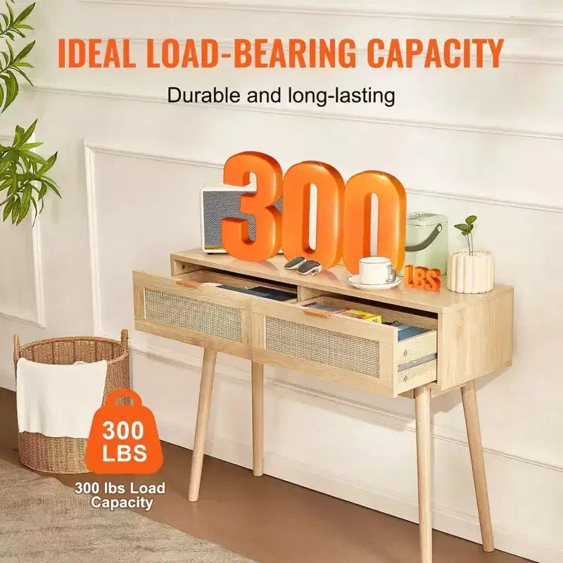 Rattan Console Table with 2 Drawers & Sliding Door, Natural Rattan Entryway Sofa Table for Living Room, Hallway or TV Wall
