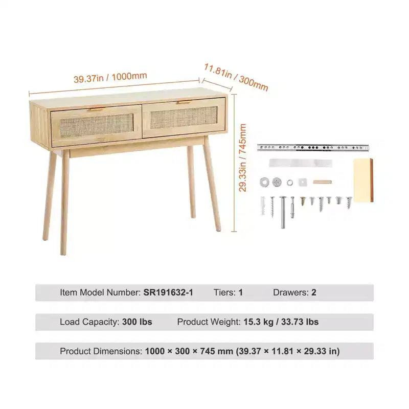 Rattan Console Table with 2 Drawers & Sliding Door, Natural Rattan Entryway Sofa Table for Living Room, Hallway or TV Wall