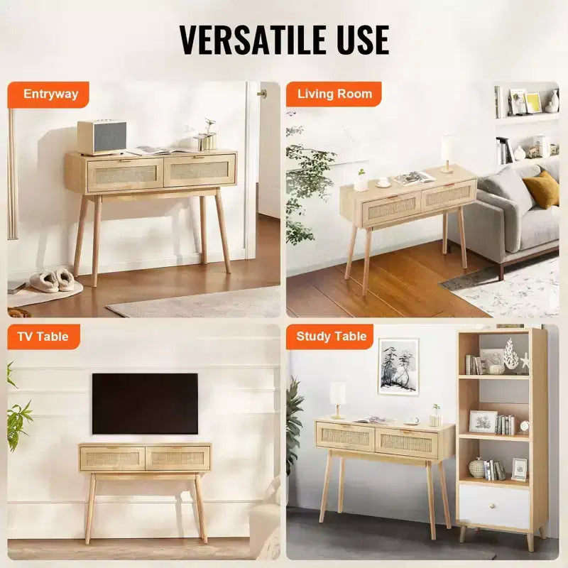 Rattan Console Table with 2 Drawers & Sliding Door, Natural Rattan Entryway Sofa Table for Living Room, Hallway or TV Wall