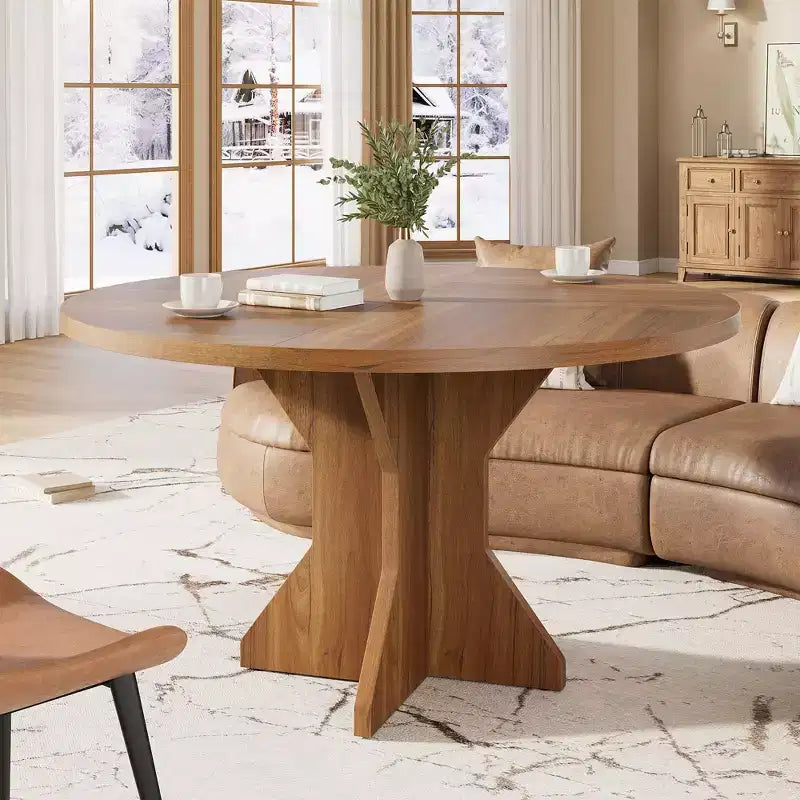 Acekool Round Extendable Dining Table, Solid Wood-Look Expandable Table with Star Base for Kitchen Dining Room