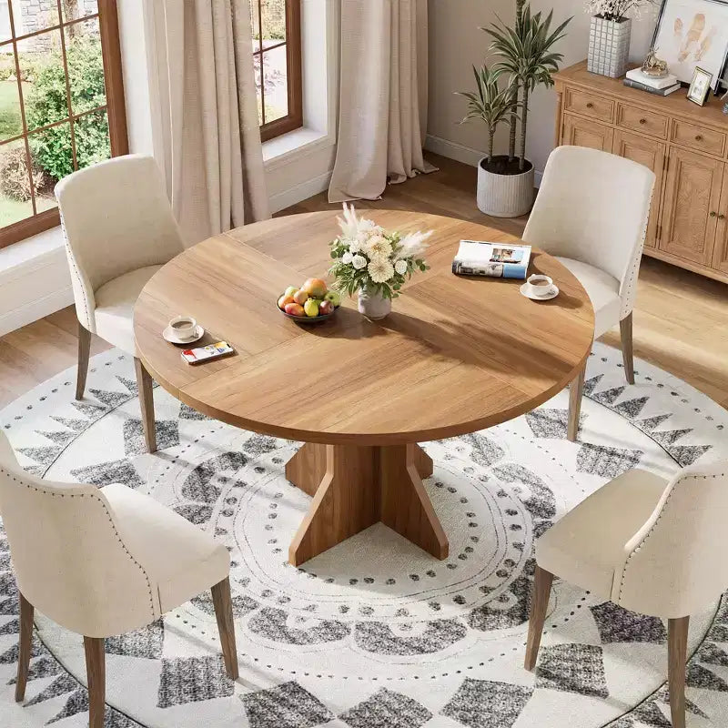 Acekool Round Extendable Dining Table, Solid Wood-Look Expandable Table with Star Base for Kitchen Dining Room