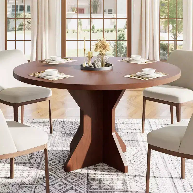 Acekool Round Extendable Dining Table, Solid Wood-Look Expandable Table with Star Base for Kitchen Dining Room