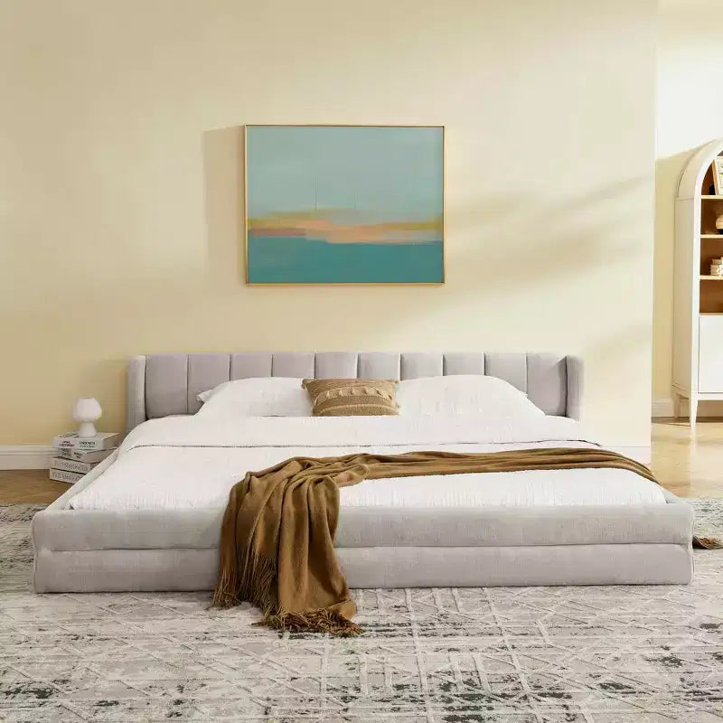 MAYEERTY King Size Upholstered Bed with Headboard Solid Frame Chenille Fabric Solid Frame for Bedroom Dark Beige