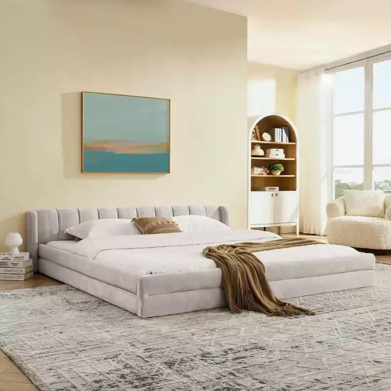MAYEERTY King Size Upholstered Bed with Headboard Solid Frame Chenille Fabric Solid Frame for Bedroom Dark Beige