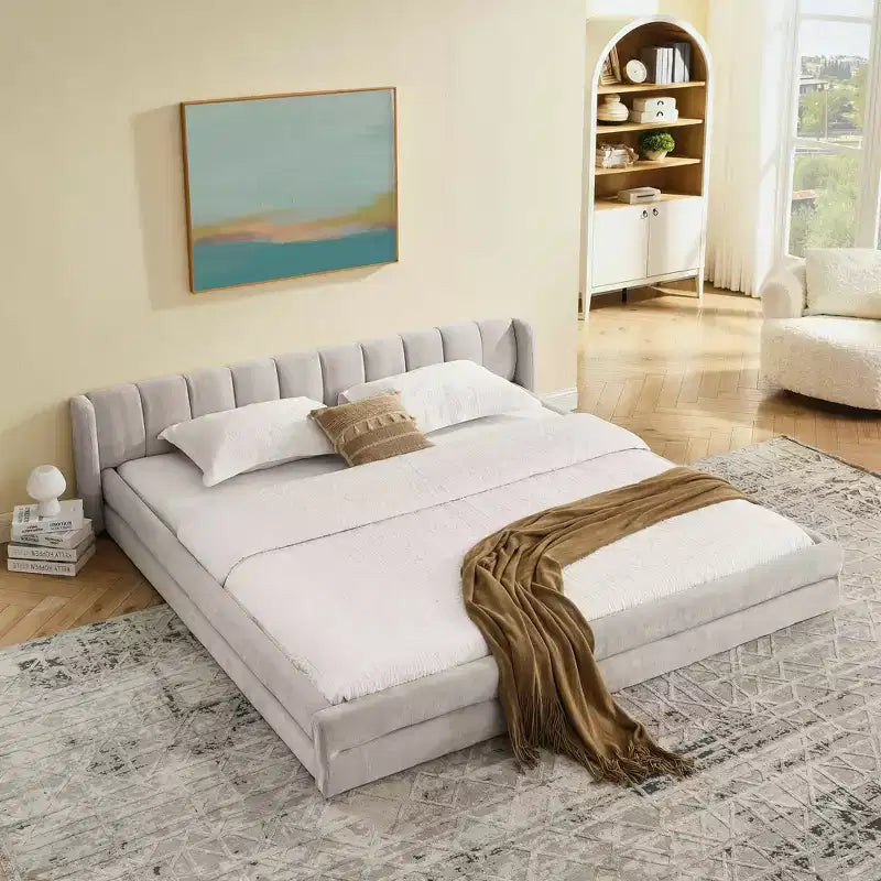 MAYEERTY King Size Upholstered Bed with Headboard Solid Frame Chenille Fabric Solid Frame for Bedroom Dark Beige