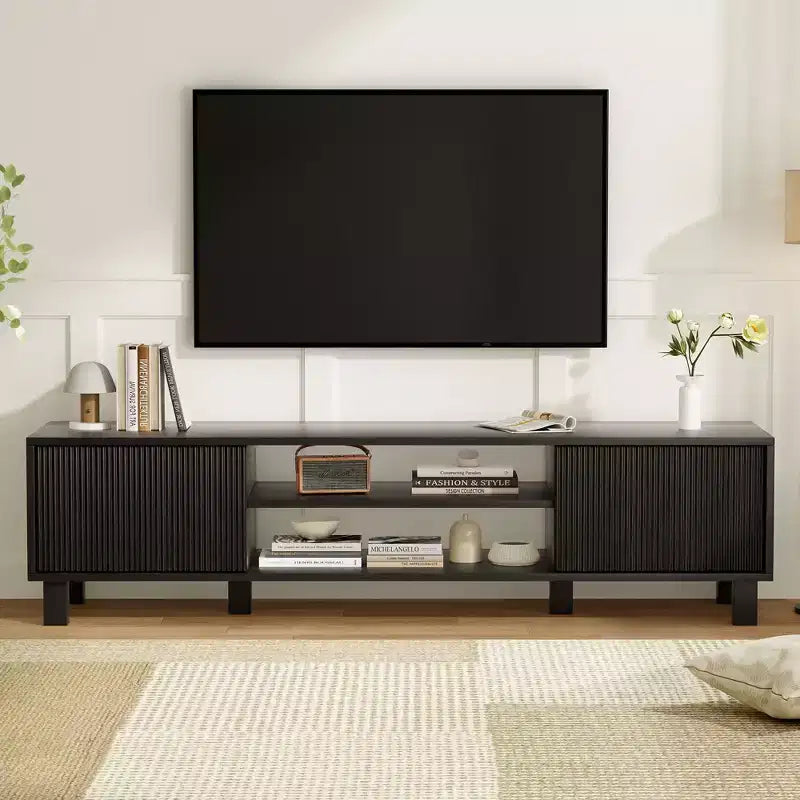 JVNOXK 63-inch modern TV stand, accommodates TVs up to 70 inches, stylish living room piece with storage space and open shelves, black