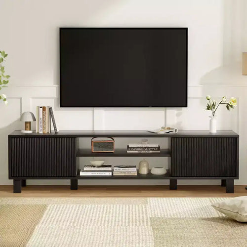 JVNOXK 63-inch modern TV stand, accommodates TVs up to 70 inches, stylish living room piece with storage space and open shelves, black