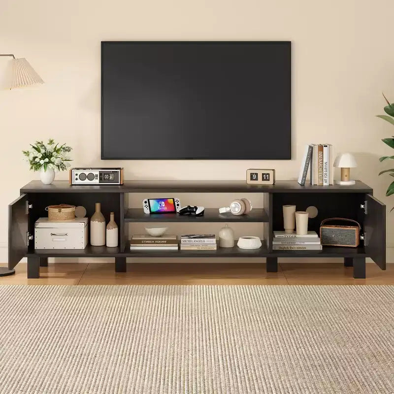 JVNOXK 63-inch modern TV stand, accommodates TVs up to 70 inches, stylish living room piece with storage space and open shelves, black