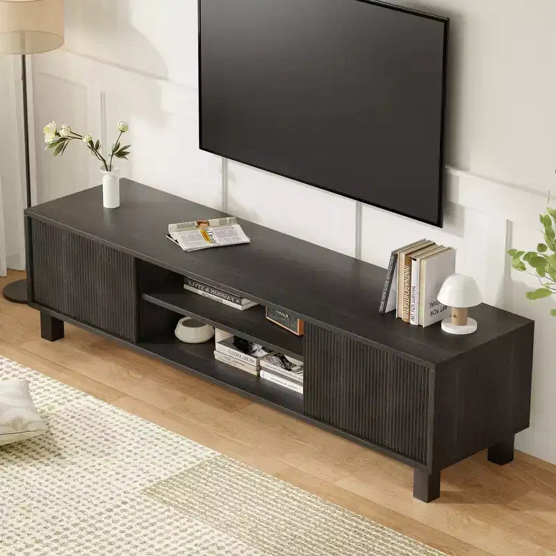 JVNOXK 63-inch modern TV stand, accommodates TVs up to 70 inches, stylish living room piece with storage space and open shelves, black