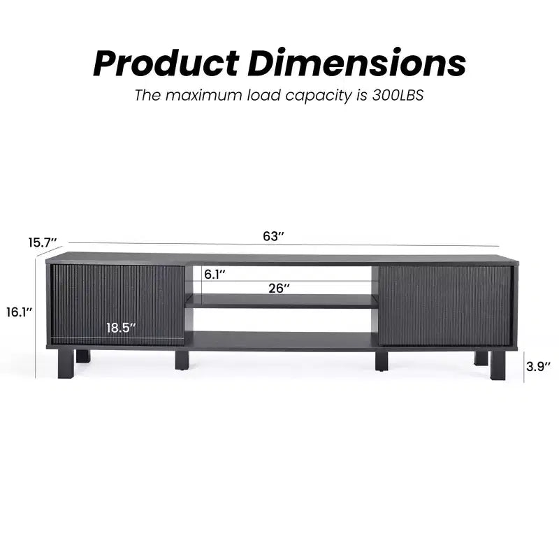 JVNOXK 63-inch modern TV stand, accommodates TVs up to 70 inches, stylish living room piece with storage space and open shelves, black