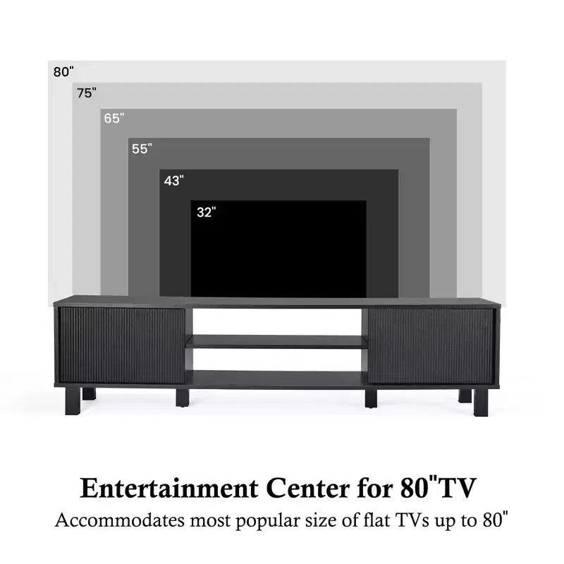 JVNOXK 63-inch modern TV stand, accommodates TVs up to 70 inches, stylish living room piece with storage space and open shelves, black