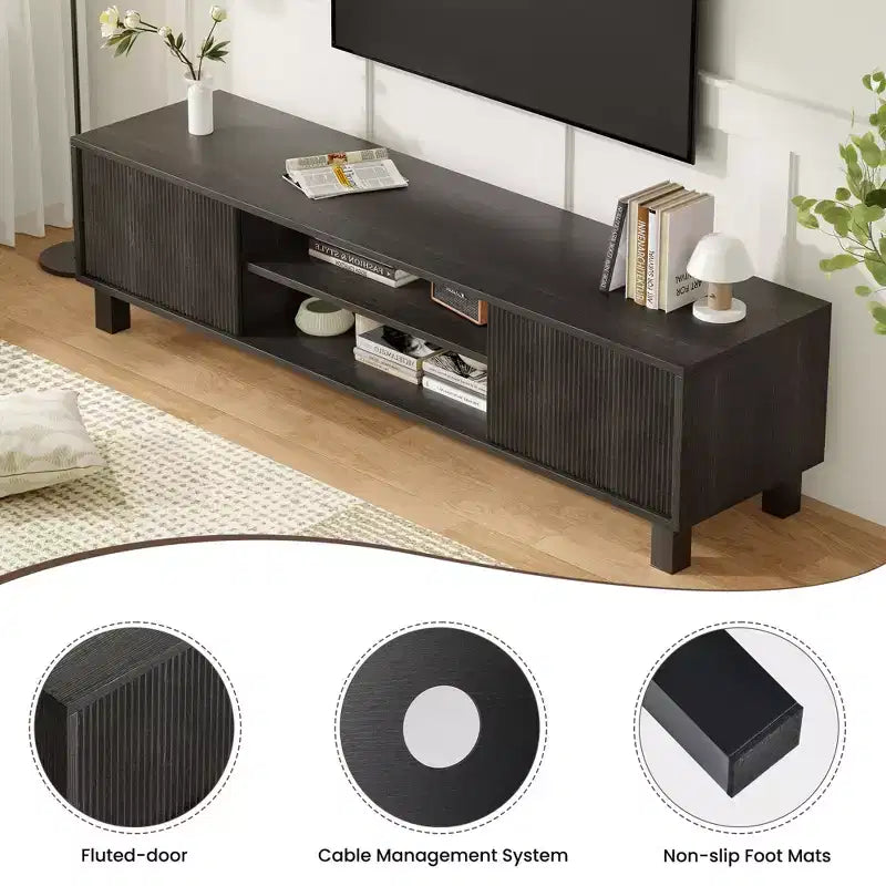 JVNOXK 63-inch modern TV stand, accommodates TVs up to 70 inches, stylish living room piece with storage space and open shelves, black