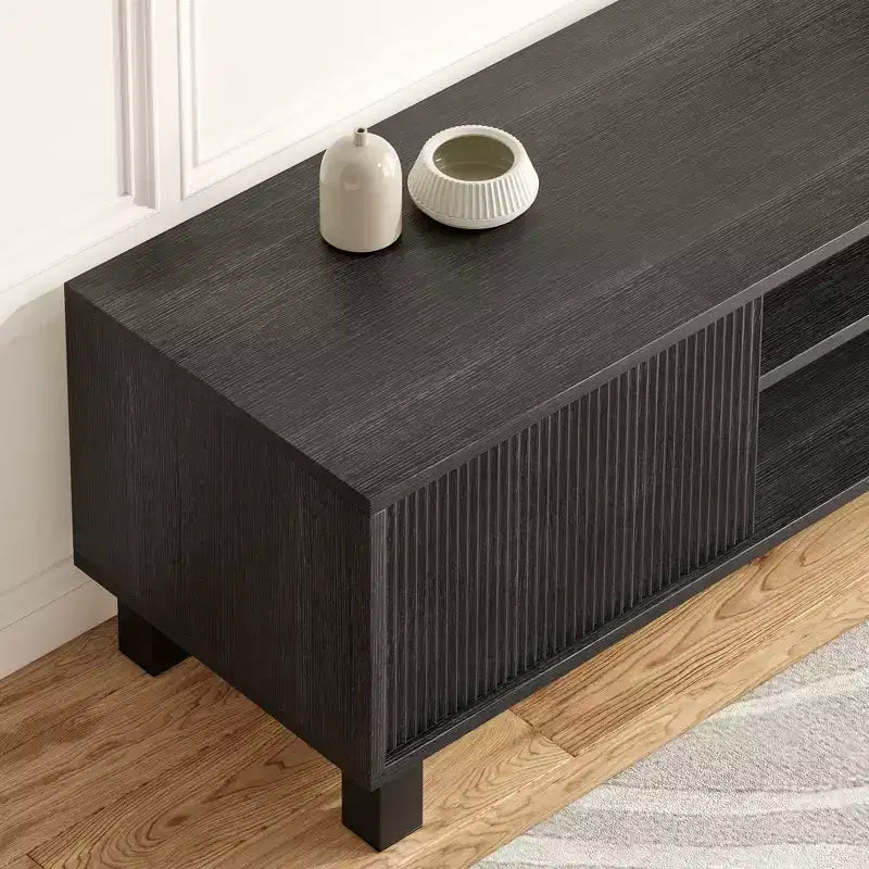 JVNOXK 63-inch modern TV stand, accommodates TVs up to 70 inches, stylish living room piece with storage space and open shelves, black