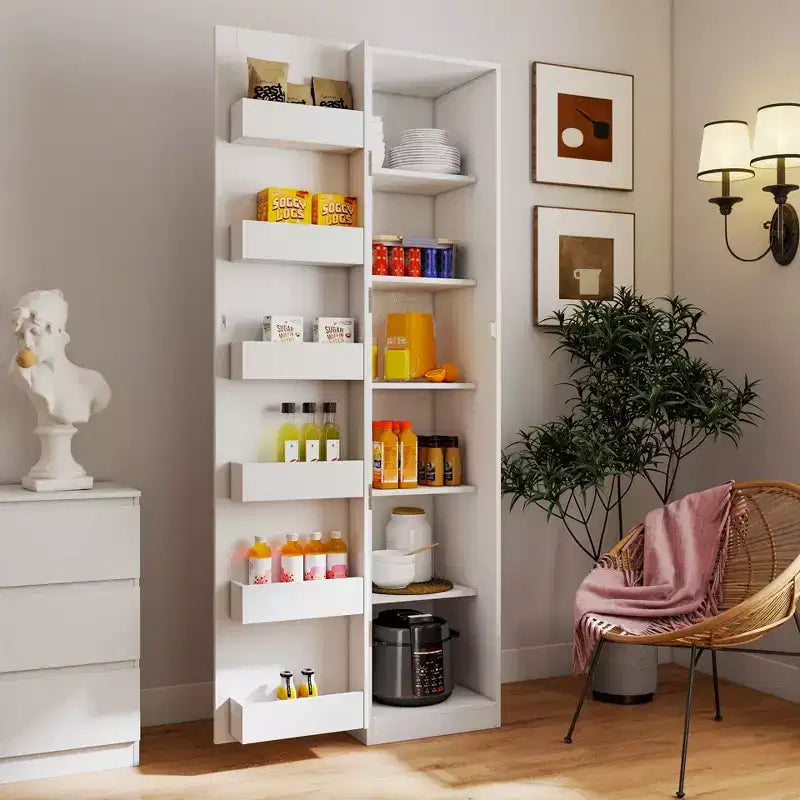 VIYET 71 Freestanding Kitchen Pantry Cabinet - White Particle Board+MDF, 2 Adjustable Shelves, Side Racks