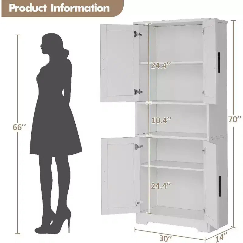 70in Tall Kitchen Pantry Cabinet,Freestanding Storage Cabinet with 4 Doors & Adjustable Shelves,Utility Cupboard for Dining Room,Living Room,Bathroom