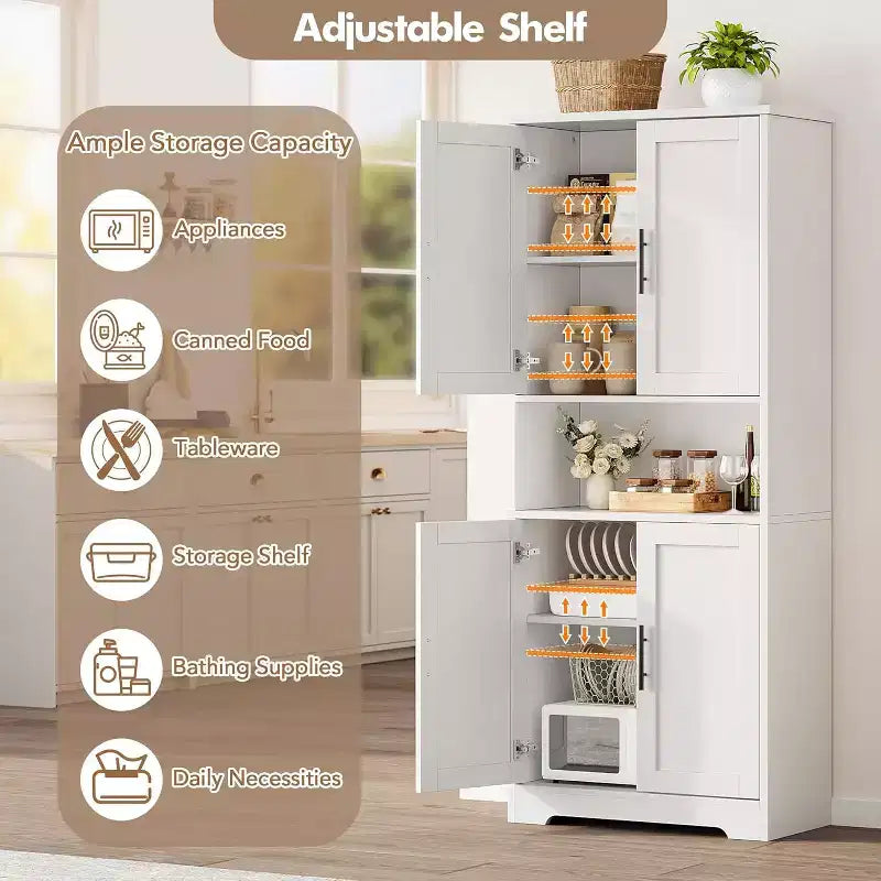 70in Tall Kitchen Pantry Cabinet,Freestanding Storage Cabinet with 4 Doors & Adjustable Shelves,Utility Cupboard for Dining Room,Living Room,Bathroom