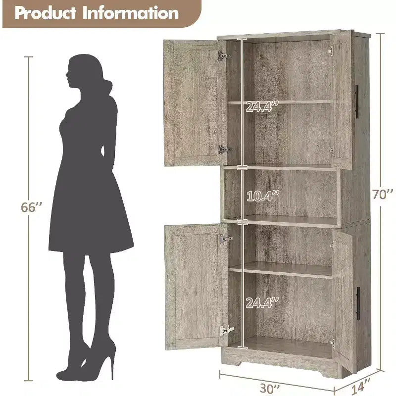 70in Tall Kitchen Pantry Cabinet,Freestanding Storage Cabinet with 4 Doors & Adjustable Shelves,Utility Cupboard for Dining Room,Living Room,Bathroom