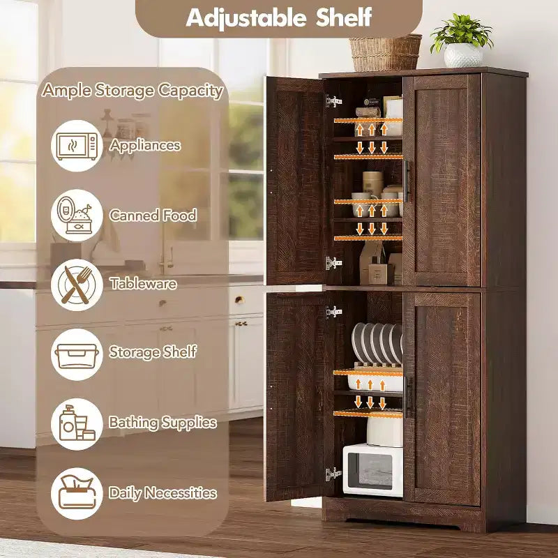 70in Tall Kitchen Pantry Cabinet,Freestanding Storage Cabinet with 4 Doors & Adjustable Shelves,Utility Cupboard for Dining Room,Living Room,Bathroom